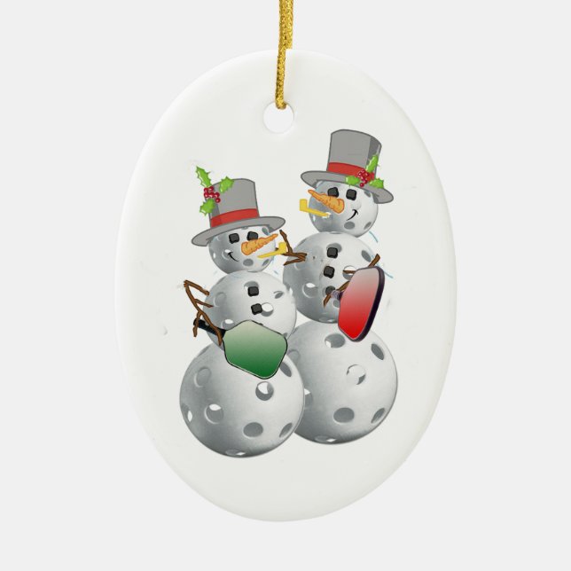 Christmas Pickleball Snowmen Ceramic Ornament (Front)