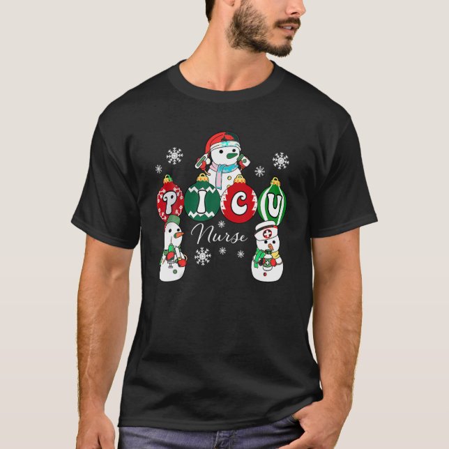 Christmas PICU Nurse Snowman Pediatric ICU Crew Xm T-Shirt (Front)