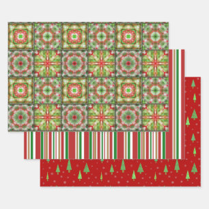 Christmas pieced quilt, stripes and trees Trio Wrapping Paper Sheet