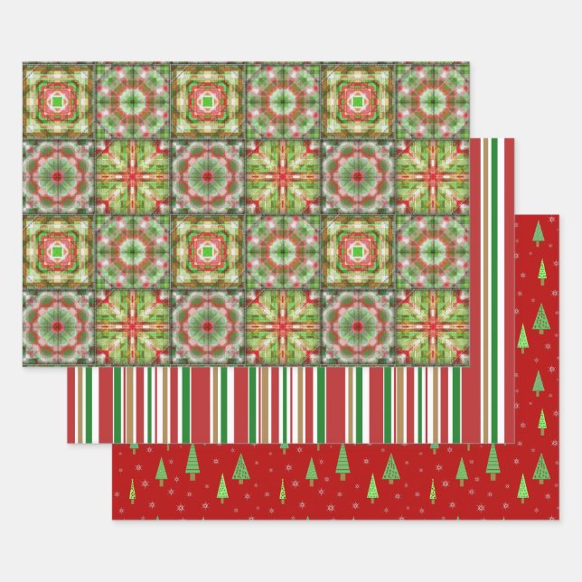 Christmas pieced quilt, stripes and trees Trio Wrapping Paper Sheet (Set)