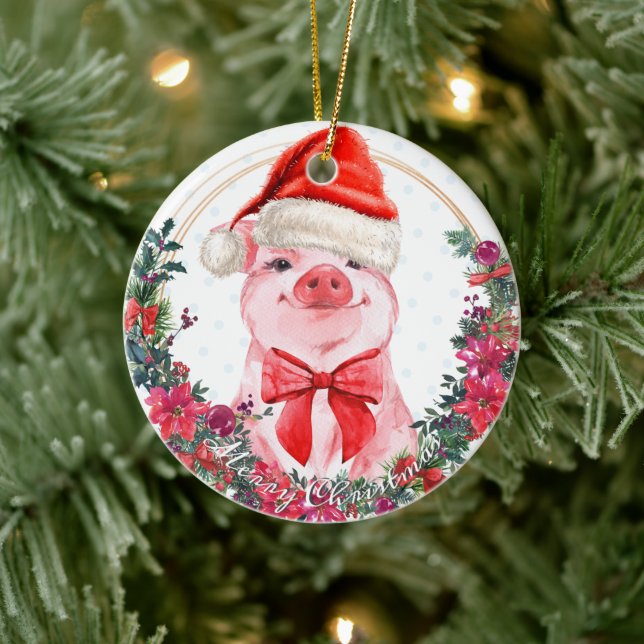 Christmas Pig Cute Piglet Wreath First Christmas Ceramic Ornament (Tree)