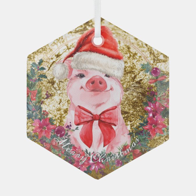   Christmas Pig Cute Piglet Wreath Merry Christmas Glass Ornament (Front)