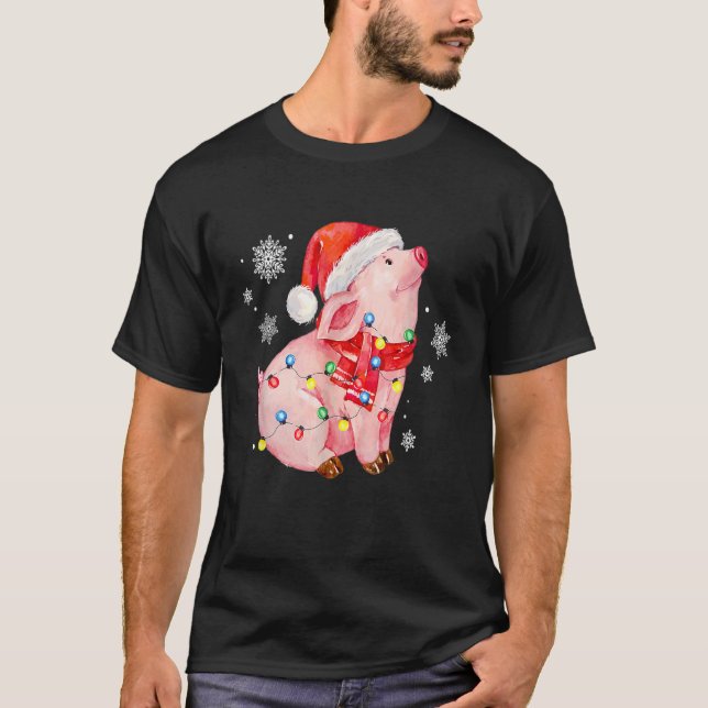 Christmas Pig lights Santa Hat Gift For Boys Men P T-Shirt (Front)
