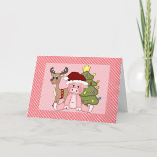 Christmas Pig, Reindeer and Tree Holiday Card