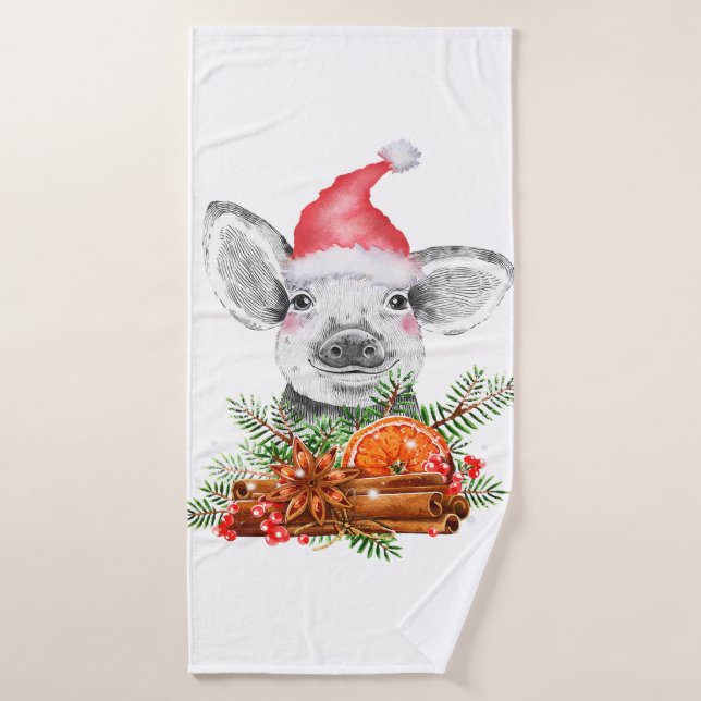 christmas pig with santa hat festive farm animal x bath towel (Bath Towel)