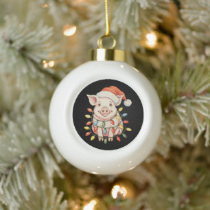 Christmas Pig Xmas Lights Santa Hay Holiday Season Ceramic Ball Christmas Ornament
