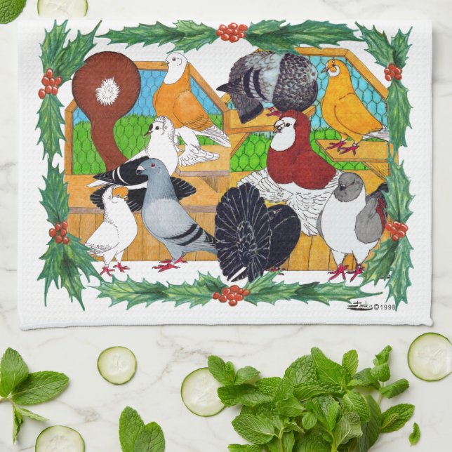 Christmas Pigeons Kitchen Towel (Folded)