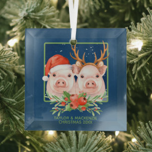Christmas Pigs Cute Santa and Reindeer Couple Glass Ornament