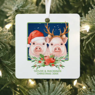 Christmas Pigs Cute Santa and Reindeer Couple Metal Ornament