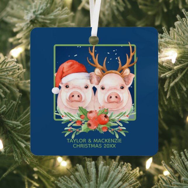 Christmas Pigs Cute Santa and Reindeer Couple Metal Ornament (Insitu)