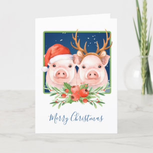 Christmas Pigs Santa and Reindeer Couple Holiday Card