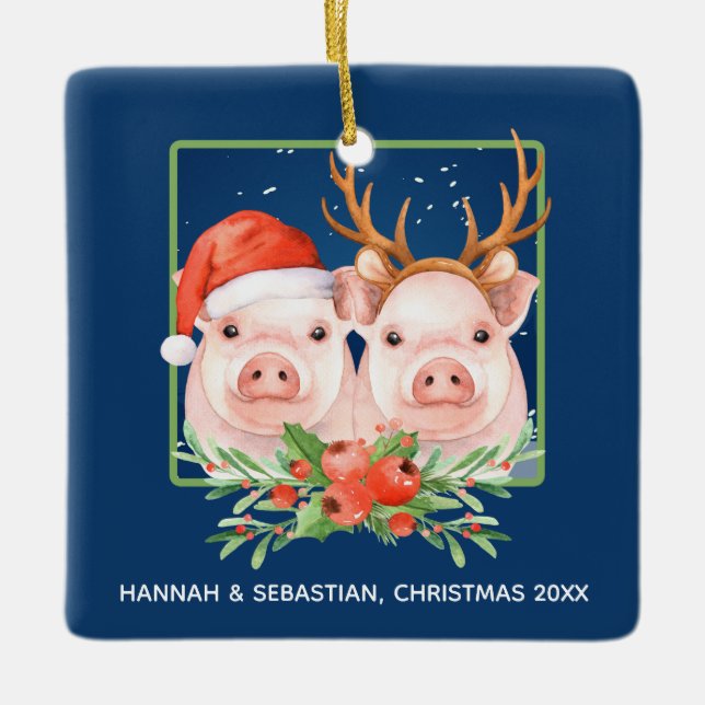 Christmas Pigs Santa Reindeer Couple Personalized Ceramic Ornament (Front)