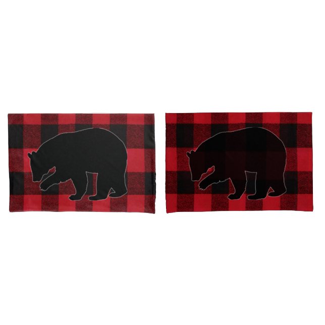 Christmas Pillow Cases Red Plaid Black Bear (Front-Set)