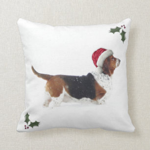 Christmas Pillow with Basset Hound in Santa Hat