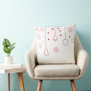 Christmas Pillow with Red Line Art & Snowflakes