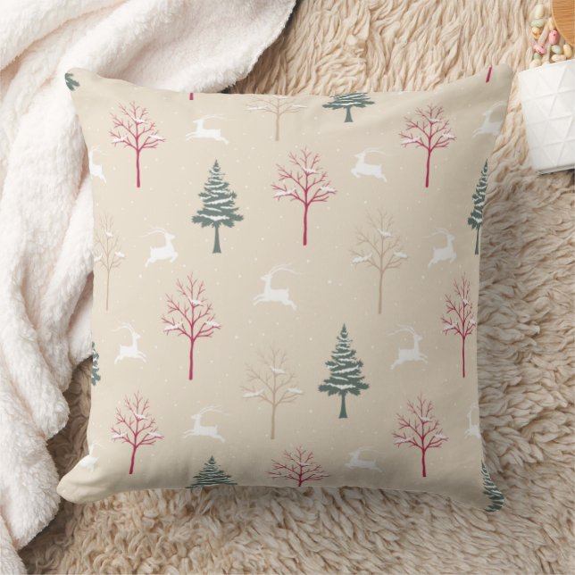 Christmas Pillow with Reindeer & Trees in Beige (Blanket)