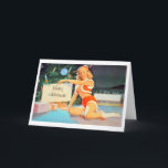 Christmas Pin-Up Girl Under Tree Holiday Card<br><div class="desc">Christmas Greeting Card with Christmas Pin-Up Girl Under Tree holding Merry Christmas Sign (or change the message on the sign to a personalized one).</div>