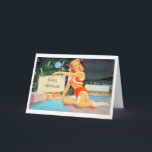 Christmas Pin-Up Girl Under Tree Holiday Card<br><div class="desc">Christmas Greeting Card with Christmas Pin-Up Girl Under Tree holding Merry Christmas Sign (or change the message on the sign to a personalized one).</div>