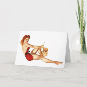 Christmas Pin-Up Girl with Santa Mask Holiday Card