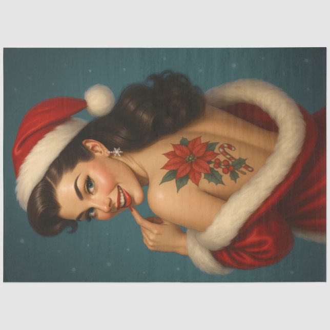 Christmas Pin-Up with Poinsettia Tattoo Decoupage Tissue Paper (Front)