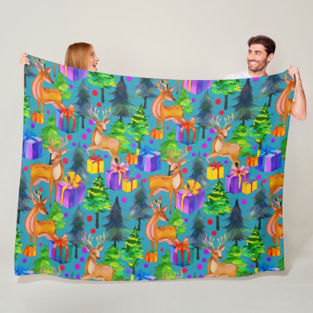 Christmas pine and deer pattern fleece blanket (In Situ)