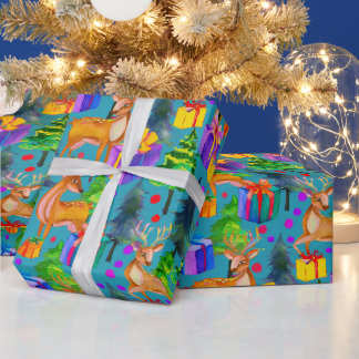 Christmas pine and deer pattern wrapping paper