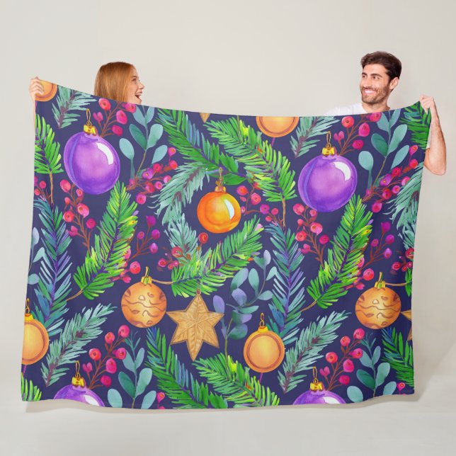 Christmas pine and ornaments purple pattern fleece blanket (In Situ)