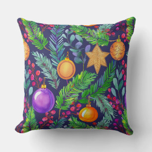 Christmas pine and ornaments purple pattern throw pillow