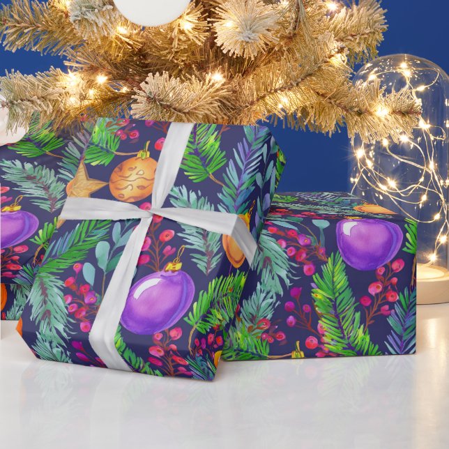 Christmas pine and ornaments purple pattern wrapping paper (Holidays)