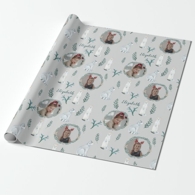 Christmas Pine Animal Name Photo Personalized Kids Wrapping Paper (Unrolled)