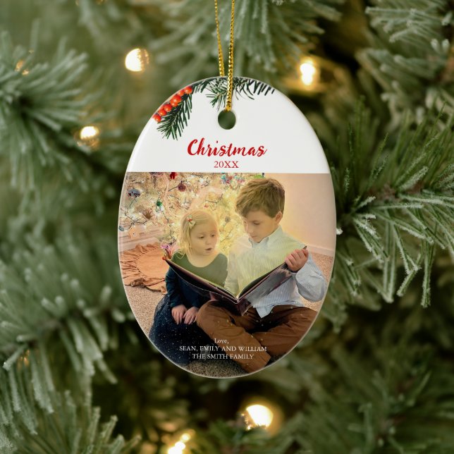 Christmas Pine Berries Custom Family Photo Ceramic Ornament (Tree)