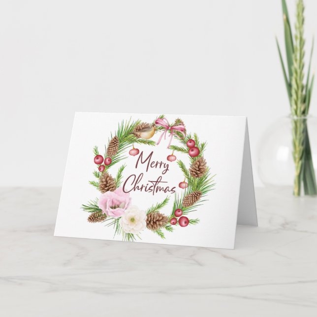 Christmas Pine Berries Greenery Wreath Folded Holiday Card (Front)