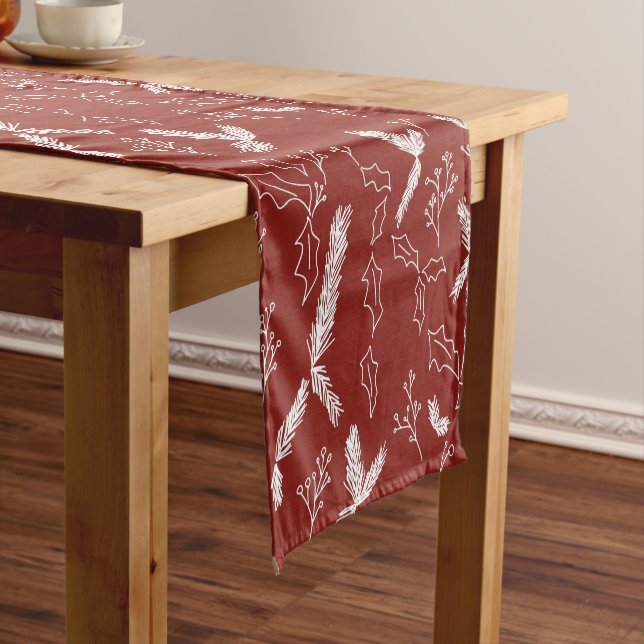 Christmas Pine Berry Pattern Red Short Table Runner (In Situ)