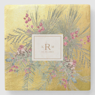 Christmas Pine Botanical Gold Monogram Stone Coaster