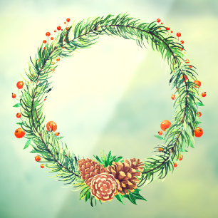Christmas Pine Bough Pine Cone Holly Wreath Window Cling