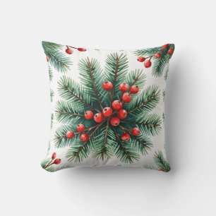 Christmas Pine Branch & Red Berries Throw Pillow
