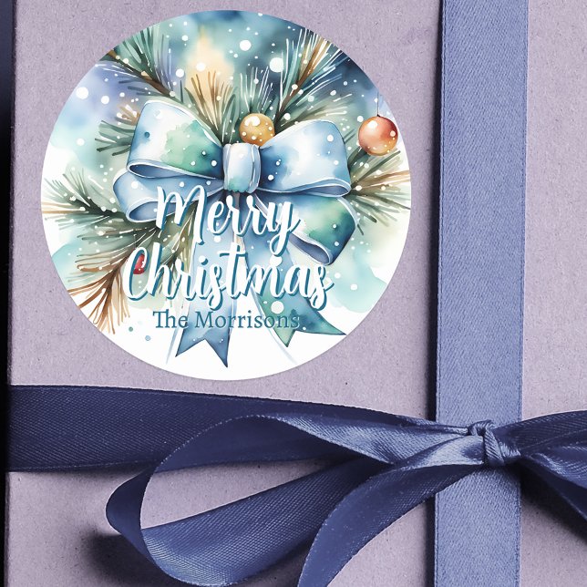 Christmas Pine Branch with Blue Bow and Ornaments Classic Round Sticker (Creator Uploaded)