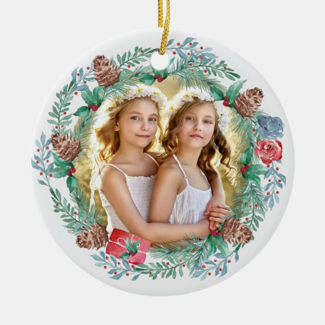 Christmas Pine Cone Wreath Double Sided Photo Ceramic Ornament (Front)