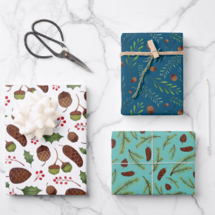 Christmas Pine Cones and Branches Watercolor Wrapping Paper Sheet