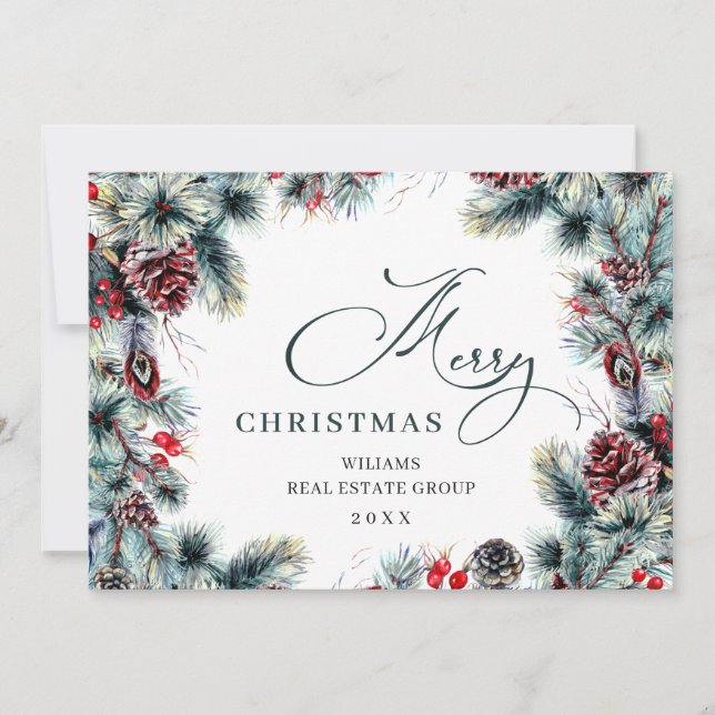 Christmas Pine Cones Corporate Rustic Greeting Holiday Card (Front)