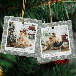 Christmas Pine Cones & Leaves Green Pattern Photos Ceramic Ornament