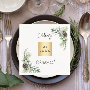 Christmas pine cones white business logo napkin