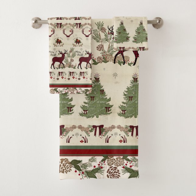 Christmas Pine Forest Deer Antlers Merry n Bright Bath Towel Set (Insitu)