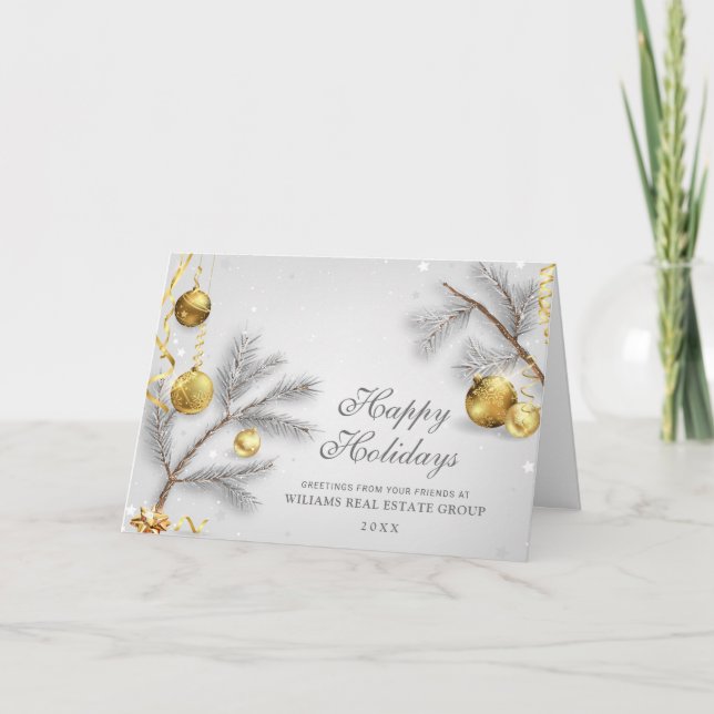 Christmas Pine Golden Balls Corporate Greeting Holiday Card (Front)