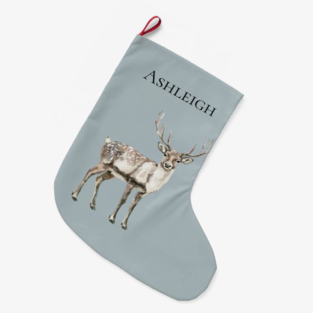 Christmas Pine Green Rustic Deer Name Large Christmas Stocking (Front (Hanging))