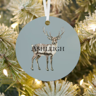 Christmas Pine Green Rustic Deer Name Metal Ornament