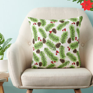 Christmas Pine Leaves, Cones & Red Berries Throw Pillow