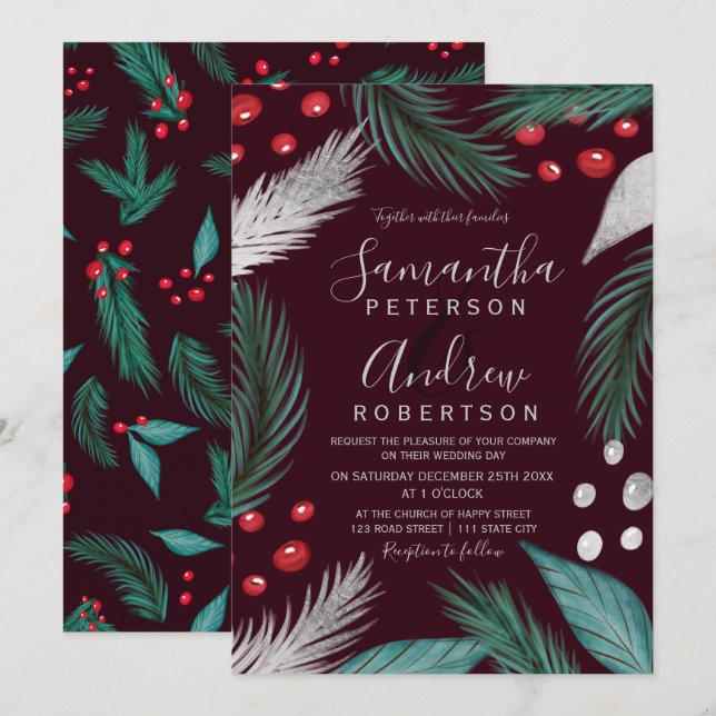 Christmas pine mistletoe silver burgundy wedding invitation (Front/Back)
