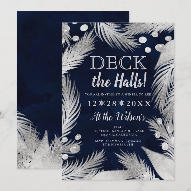Christmas pine mistletoe silver deck the halls invitation (Front/Back)