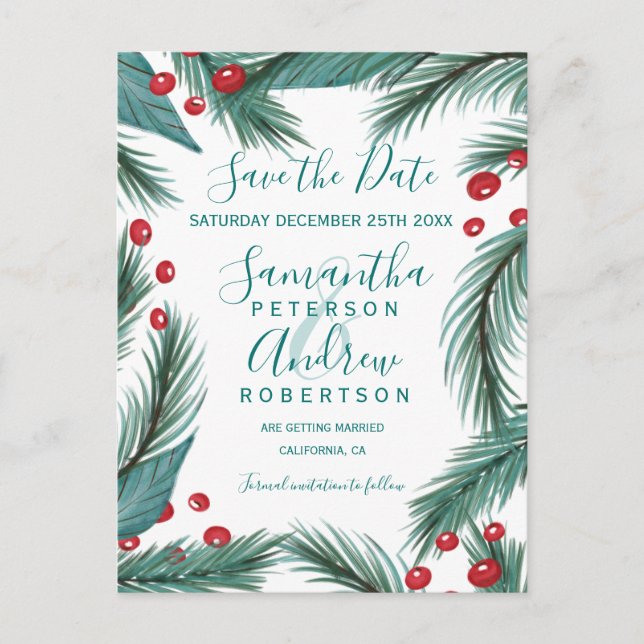 Christmas pine mistletoe watercolor save the date announcement postcard (Front)